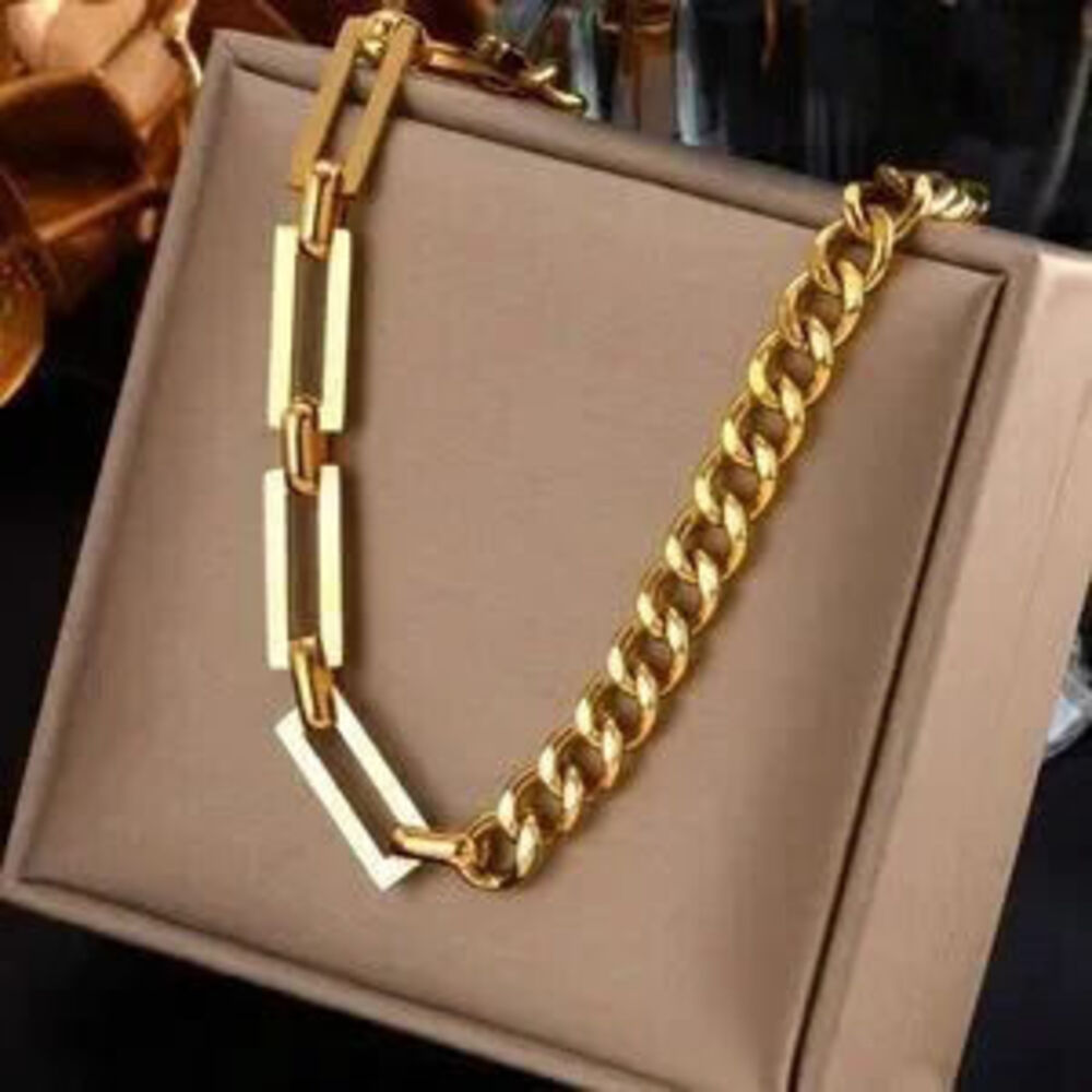 Gold Stainless Steel Mixed Link Necklace Statement Cuban Paperclip Chain Dainty